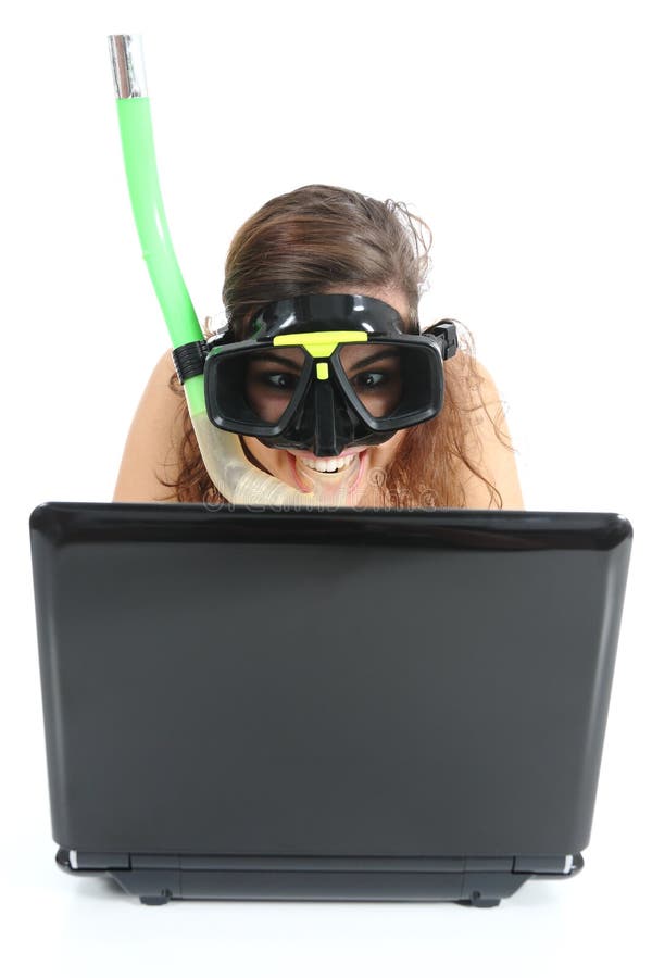 Snorkel woman websurfing in a netbook computer