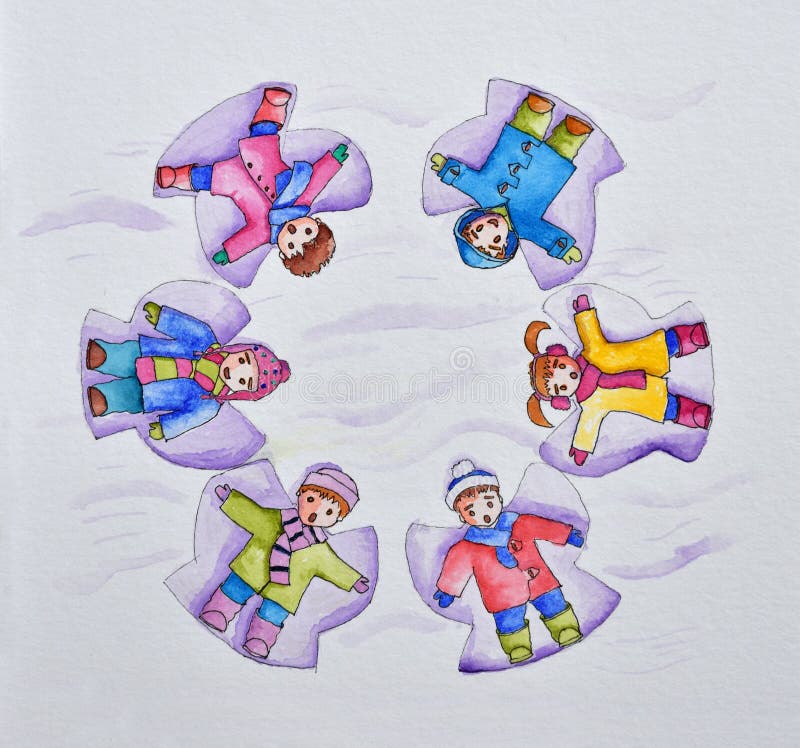 Snow Angels a painting of cartoon children doing snow angels in the snow in the shape of a snow flake.n