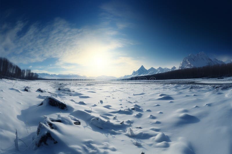 Snow blankets the land, with distant mountains gracing the backdrop stock illustration