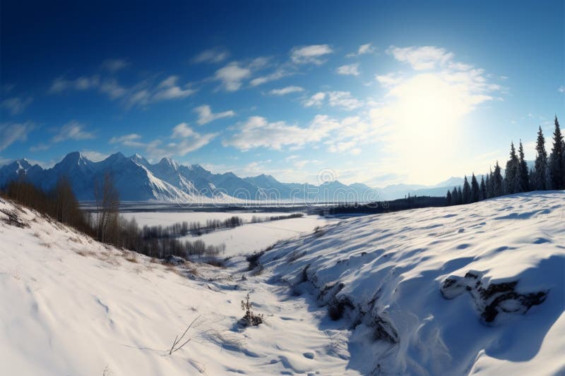 Snow blankets the land, with distant mountains gracing the backdrop vector illustration