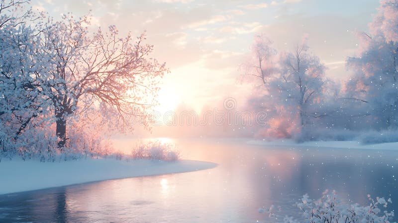 Snow blankets the landscape as the sun rises gently over the river, illuminating trees. Generative AI royalty free illustration