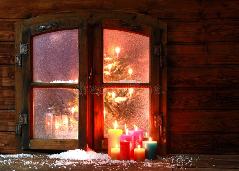 Snow and Candles at Window Pane Stock Photo - Image of festive, holiday ...