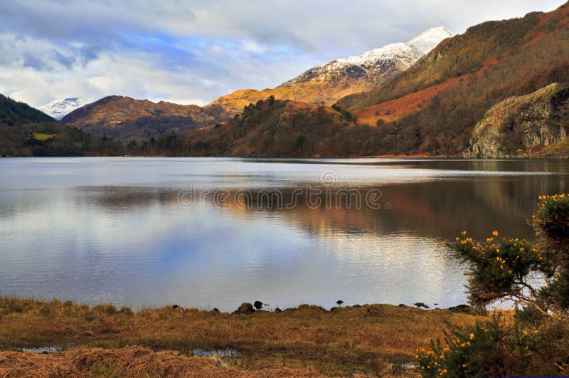 Snow caped Yr Aran and winter colours of snowdonia foothills reflected in Llyn Gwynant