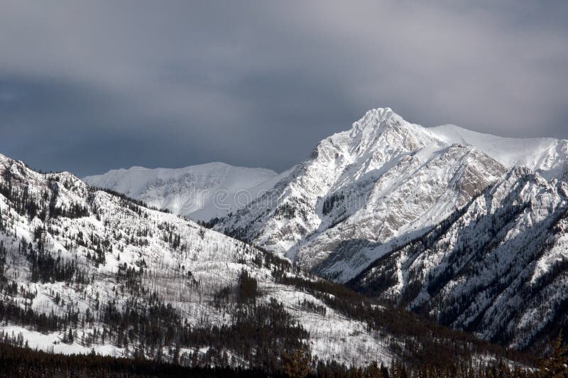 Snow capped mountains in the Rocky Mountains, Alberta, Canada stock photo