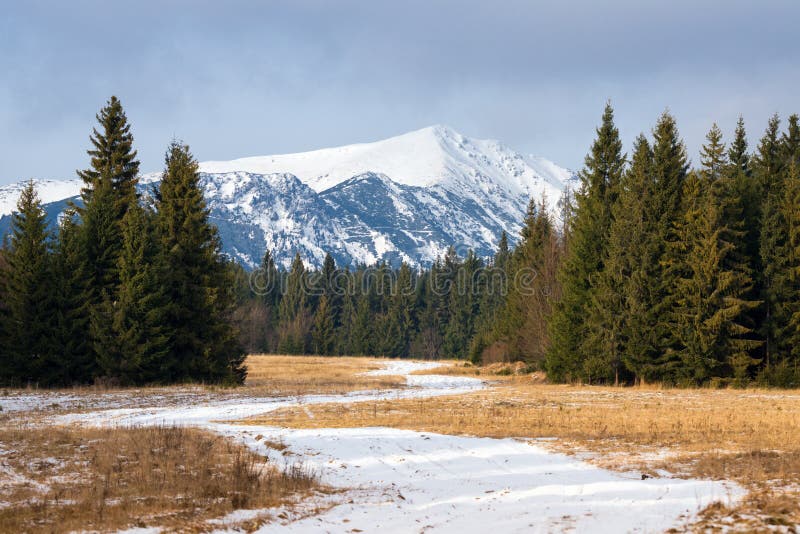Snow-Capped Peaks Of The High Tatras. Poprad Valley, Slovakia. Slovakian Winter Mountain Landscape. Snow-covered Road Among Grass royalty free stock images Snow-Capped Peaks Of The High Tatras. Poprad Valley, Slovakia. Slovakian Winter Mountain Landscape. Snow-covered Road Among Grass royalty free stock images
