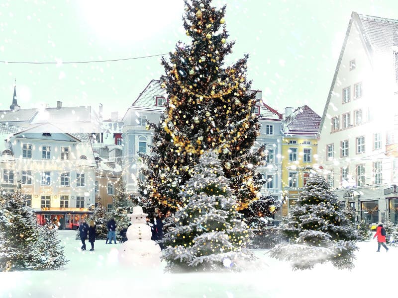 Winter Tallinn snow Christmas tree  illuminated  branch snow man  on  medieval street
