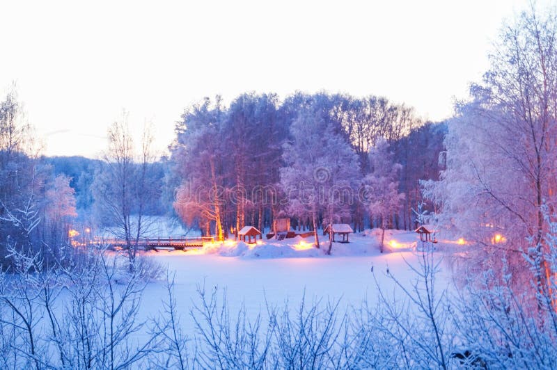 Snow-covered bomen en banken in het stadspark royalty-vrije stock afbeeldingen Snow-covered bomen en banken in het stadspark royalty-vrije stock afbeeldingen