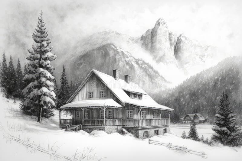 prompthunt: a pencil drawing of a boy and a girl with long flowing hair  sitting together on the porch of a cabin on a mountain overlooking a snowy  landscape. atmospheric lighting, romantic