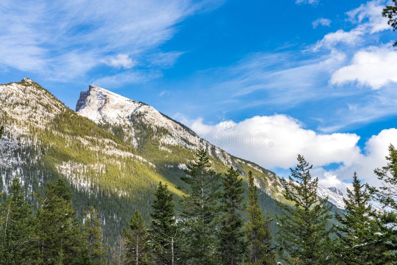 Snow-covered Mount Rundle mountain range. Banff National Park, Canadian Rockies.