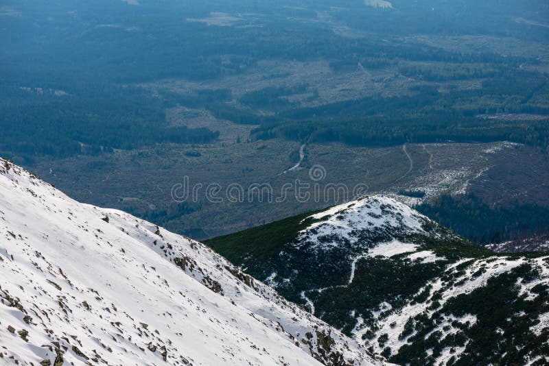 Snow covered mountain peaks and tourist trails in slovakia tatra