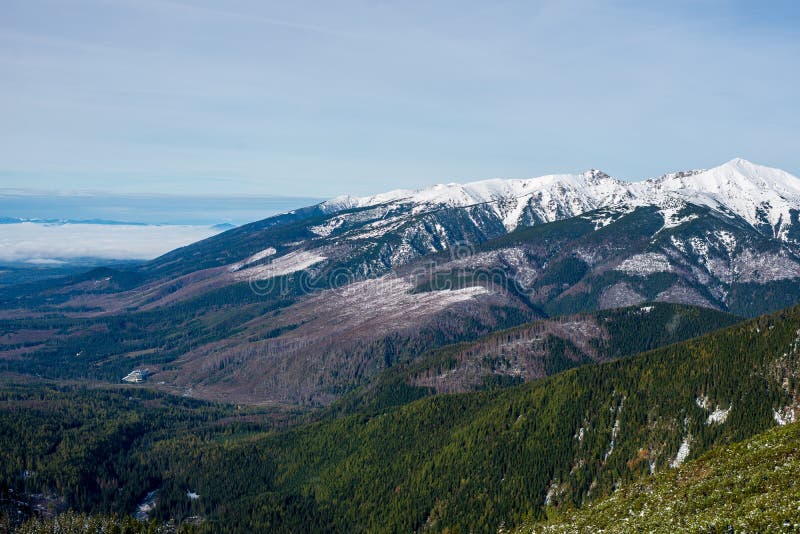 Snow covered mountain peaks and tourist trails in slovakia tatra
