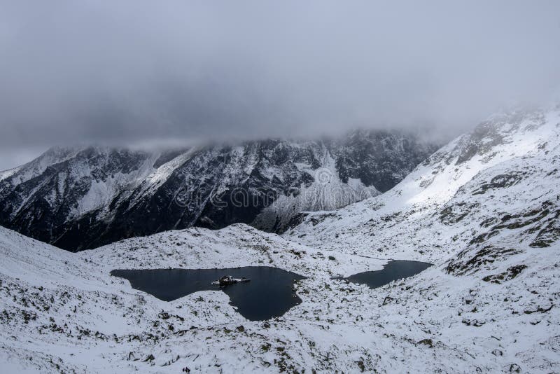 Snow covered mountain tourist hiking trails