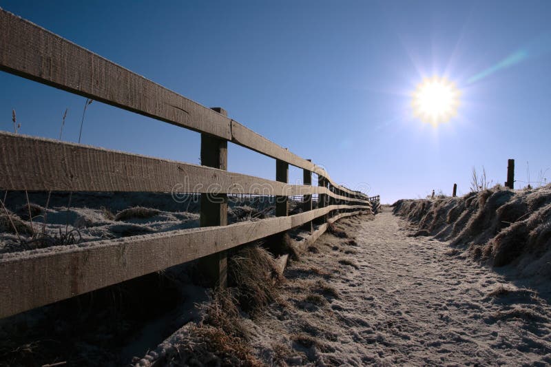 Snow covered path on cliff edge walk