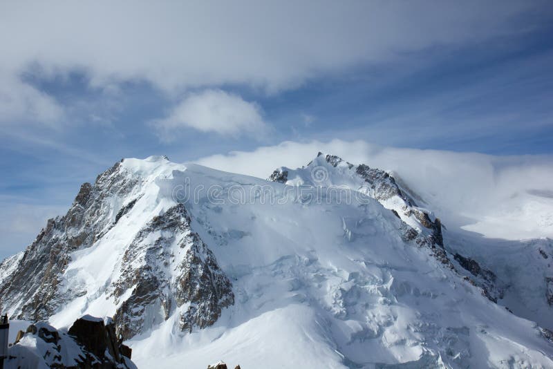 Snow-covered peak of Mont Blanc from the observation deck Aiguille du Midi, Chamonix, France