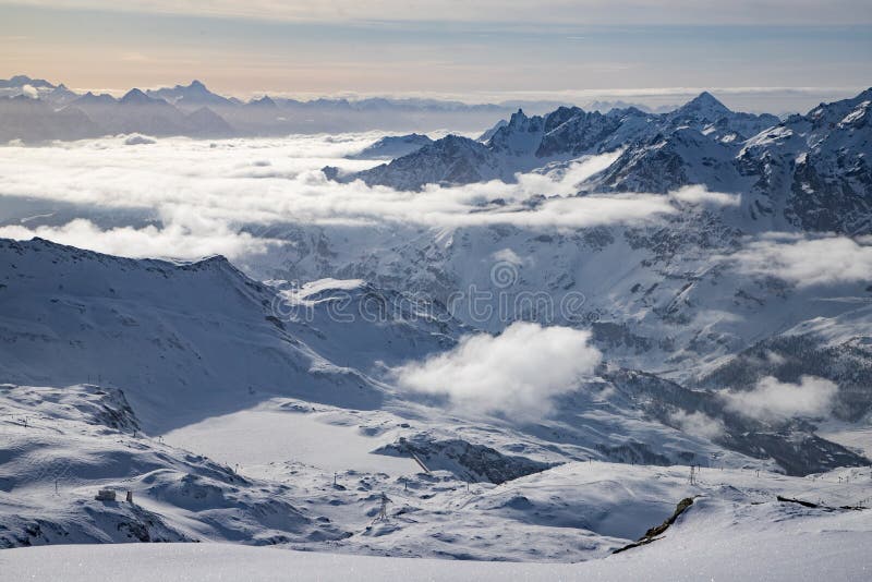 Snow Covered Peaks In The Swiss Alps Matterhorn Glacier Paradise Stock