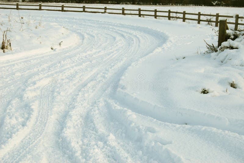 Snow covered road with tire tracks