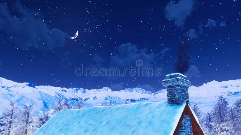 House roof with smoking chimney at winter night 4K