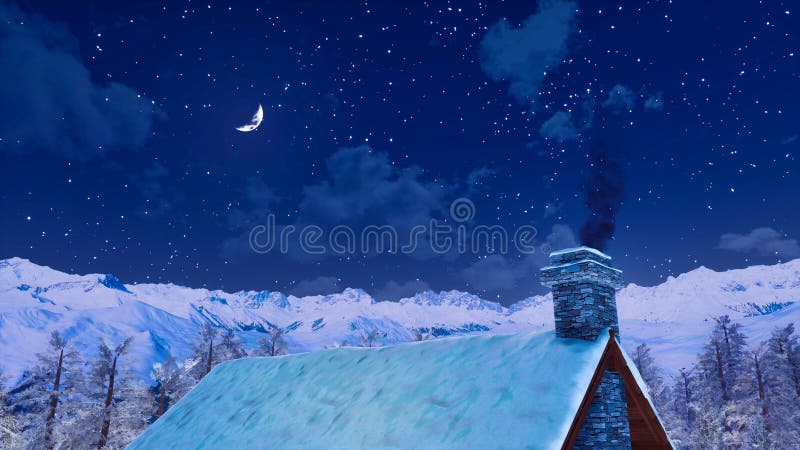 House roof with smoking chimney at winter night