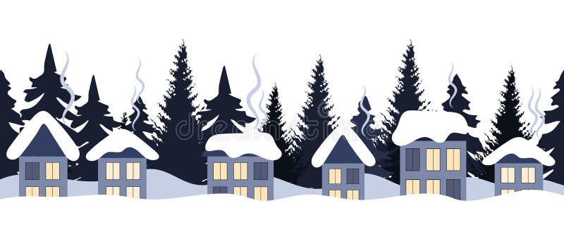 Snow-covered rural houses with fir trees. Winter background, seamless border vector