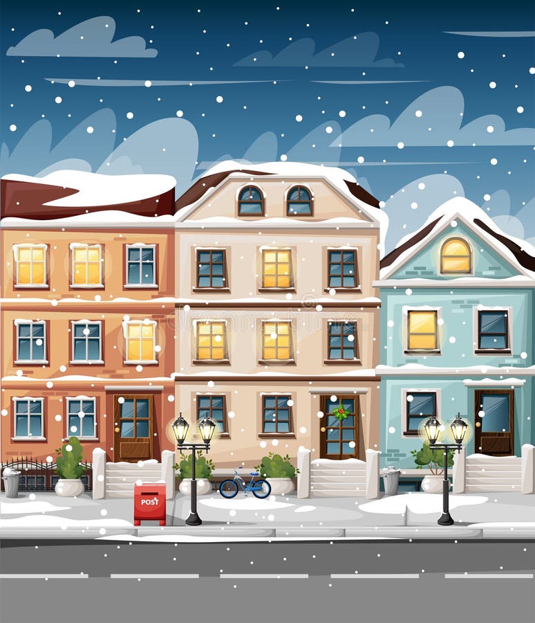 Snow-covered street with colorful houses lights bench red mailbox and bushes in vases cartoon style vector illustration website pa