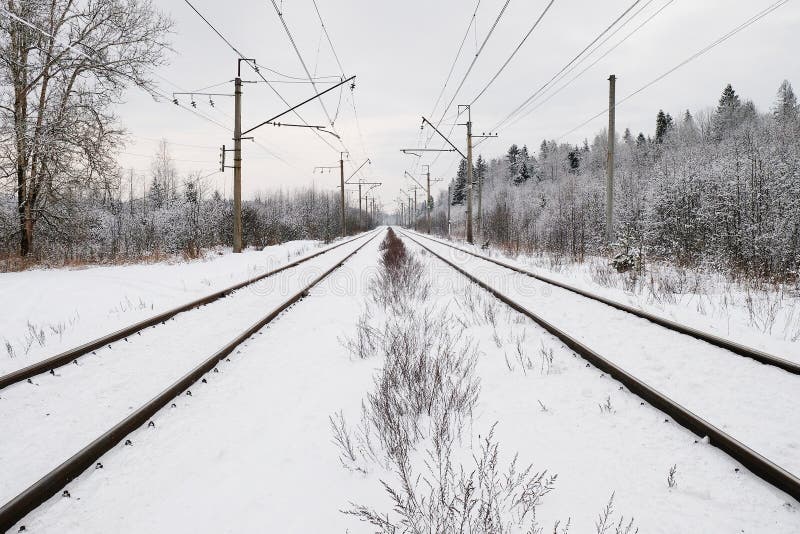 Snow-covered train tracks stock photo. Image of winter - 106370394