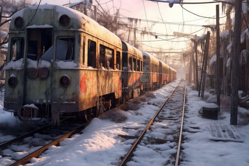 Snow-covered trains in abandoned winter yard stock illustration