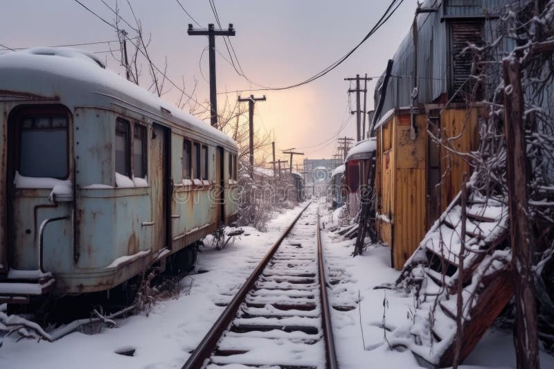 Snow-covered trains in abandoned winter yard royalty free illustration