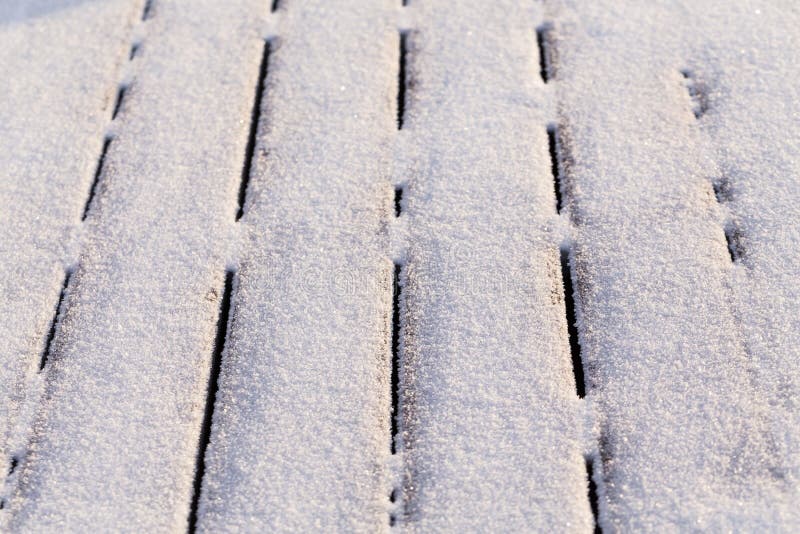 Snow Covered Wood Terrace Floor Stock Photo - Image of terrace, frost ...