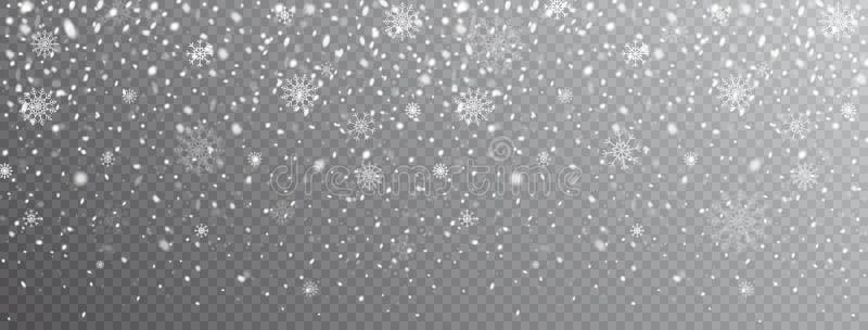 Snow falling background. Snowflakes on transparent backdrop. Christmas design with snow and glitter snowflakes. Magic frost storm