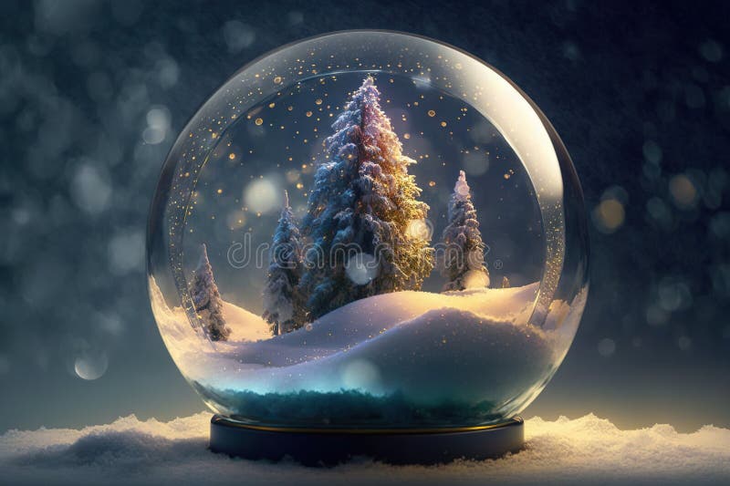 A Snow Globe with a Christmas Tree in it on a Snowy Surface Stock