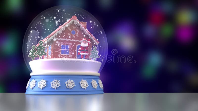 Snow globe with gingerbread house, Santa Claus and Christmas trees inside. Falling snow. Multicolored blurred background