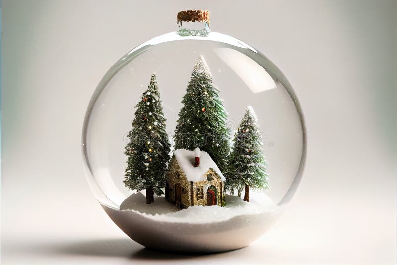A Snow Globe with a House Inside of it and Trees Inside of it Stock