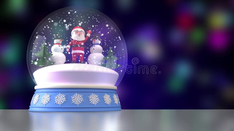 Snow globe with Santa Claus, two snowmen and Christmas trees inside. Falling snow. Multicolored blurred background. 3D