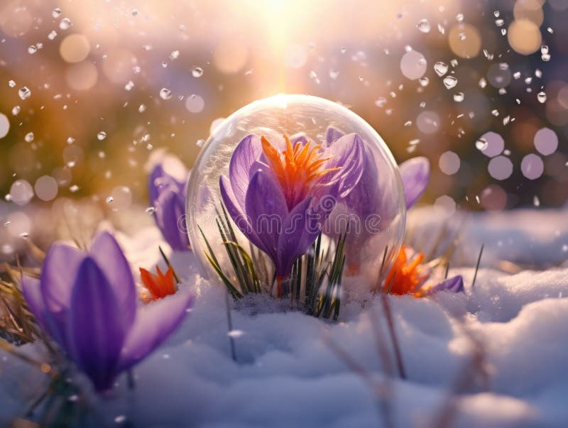 A snow globe sitting in the middle of a field of flowers royalty free stock image