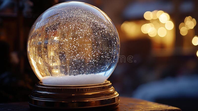 A snow globe sitting on a wooden table, with a winter wonderland scene inside royalty free stock photography