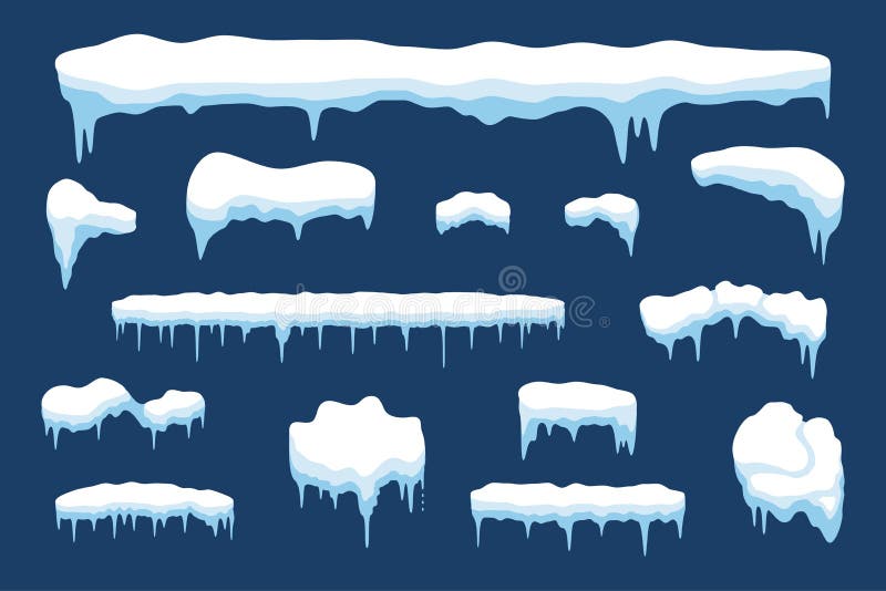 Snow with icicle and ice cap. Winter weather elements - snowfall and frozen. Cartoon style. Vector.