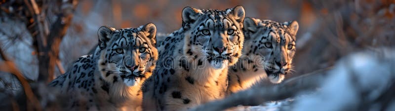 Snow leopard family in the mountain region with setting sun shining. vector illustration