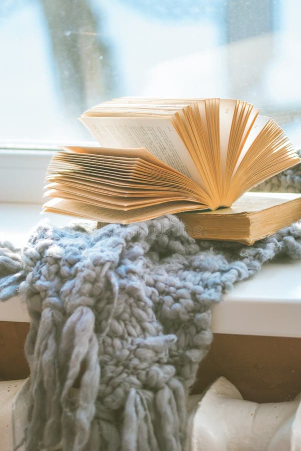 Snow Outside the Window and Open Book Stock Photo - Image of leisure ...