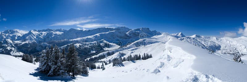 Snow Panorama. Fresh fallen snow in the Bernese Alps near Lenk, Switzerland stock images