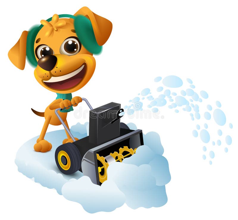 Snow removal. Yellow dog cleans snow with snow removing machine