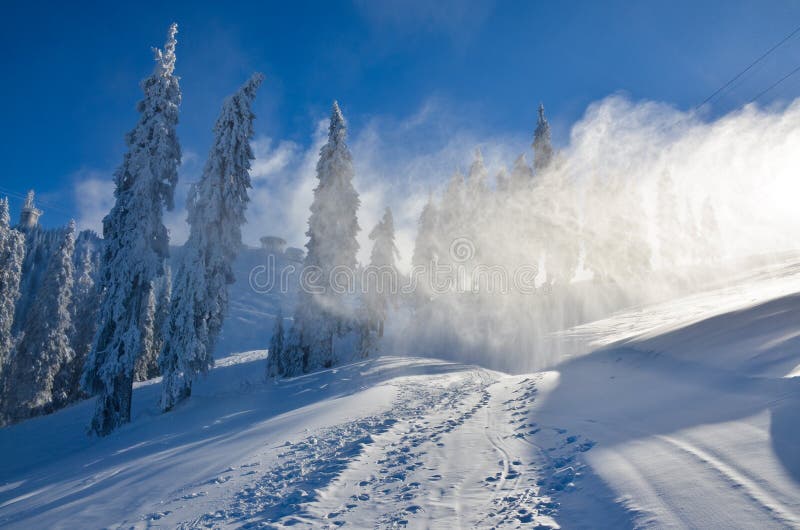 Snow storm on ski slope