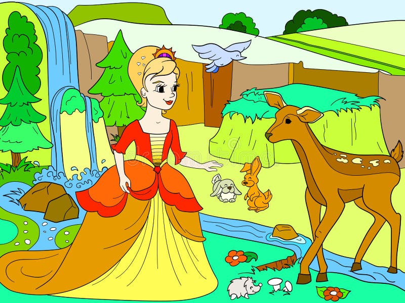 Snow White in the woods with animals. Tale, cartoon, color book black lines on a blank background