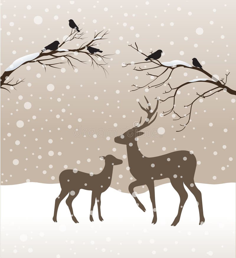 Snow winter landscape with two deers and birds