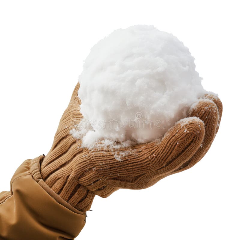 Snowball in hand in close-up isolated on a white or transparent background. Hand in warm dark yellow glove holding a round snowball in close-up, side view, graphic design element. Isolated white transparent background ai stock images, royalty-free photos and pictures