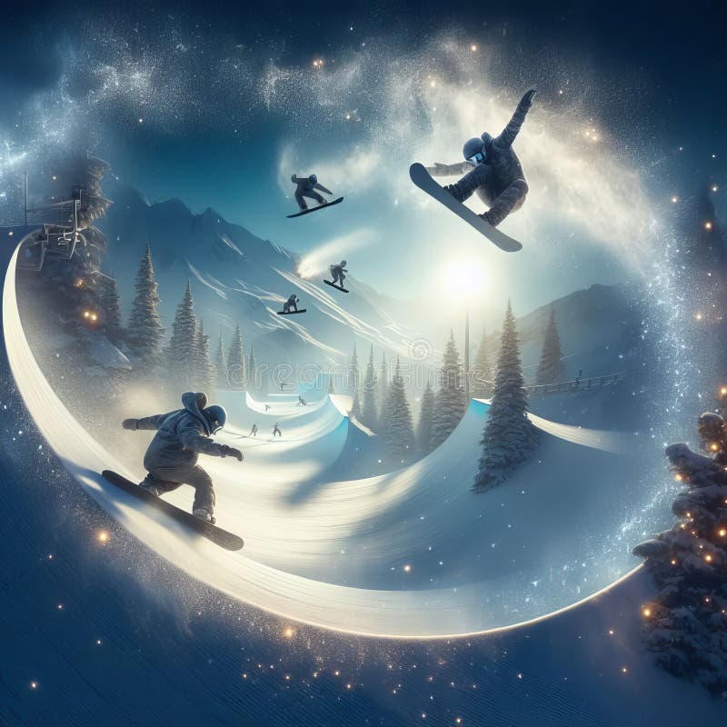 Snowboarding Halfpipe A scene where snowboarders soar through a halfpipe that sparkles with stardust, performing gravity defying flips and spins, pho. Snowboarding Halfpipe A scene where snowboarders soar through a halfpipe that sparkles with stardust, performing gravity defying flips and spins, pho