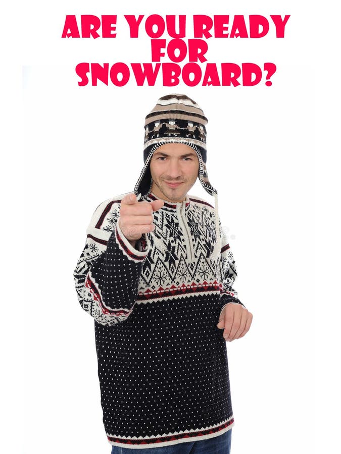 Snowboard. Uomo divertente di inverno in cappello caldo immagini stock Snowboard. Uomo divertente di inverno in cappello caldo immagini stock