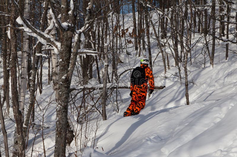 Snowboarder en el equipo anaranjado del camuflaje que se desliza en nieve fresca del polvo en el bosque fotos de archivo Snowboarder en el equipo anaranjado del camuflaje que se desliza en nieve fresca del polvo en el bosque fotos de archivo