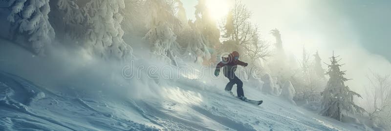 Snowboarder Untracked Snow, High Speed Snowboard Among Winter Trees in Sun Day, Snowboarding, Extreme Sports Concept, Generative AI Illustration AI generated. Snowboarder Untracked Snow, High Speed Snowboard Among Winter Trees in Sun Day, Snowboarding, Extreme Sports Concept, Generative AI Illustration AI generated