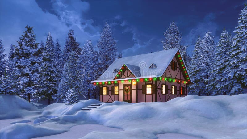 Snowbound House Decorated for Xmas at Winter Night Stock Illustration ...