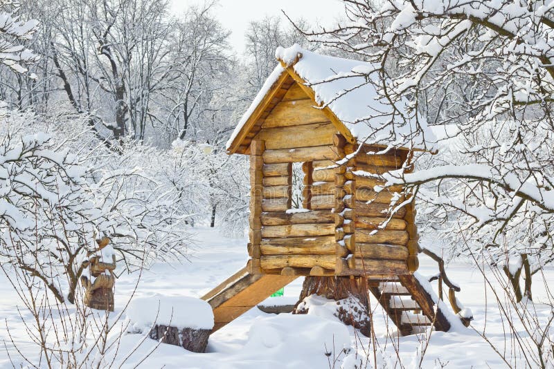 Snowbound wooden lodge